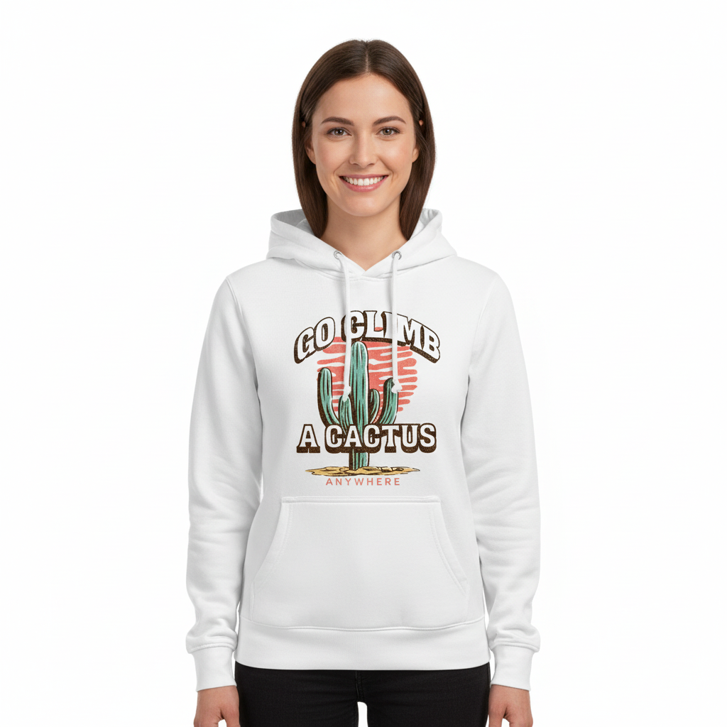 Produktbild av glad tjej i vit hoodie