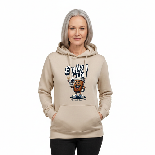 Produktbild av tjej i 50-årsåldern i beige hoodie